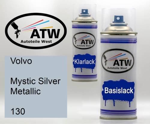 Volvo, Mystic Silver Metallic, 130: 400ml Sprühdose + 400ml Klarlack - Set, von ATW Autoteile West.
